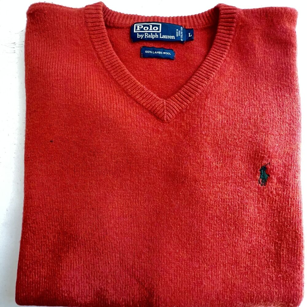 POLO Ralph Lauren Mens V Neck Sweater L 100% Lambs Wool Italian Yarn Orange